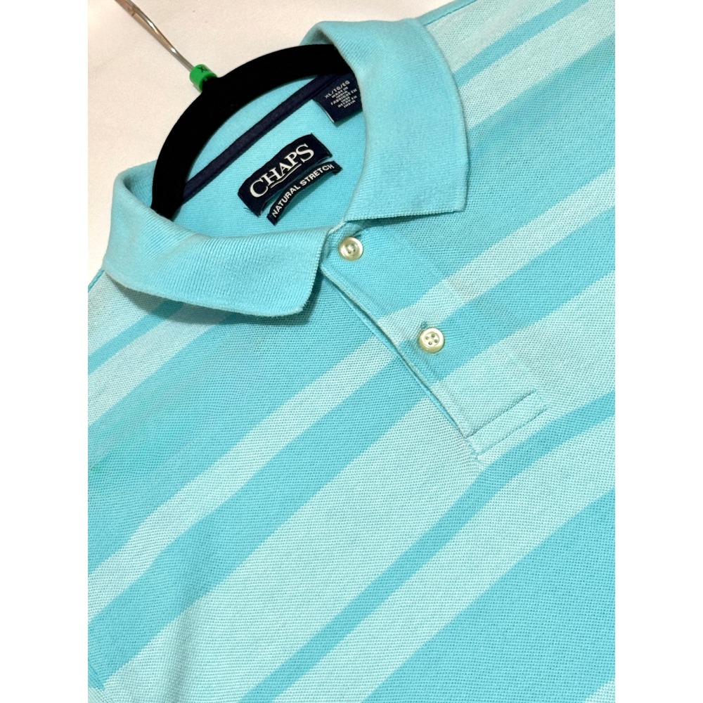 Chaps Mens XL Natural Stretch Polo Shirt‎ Turquoise Blue Striped Lightweight